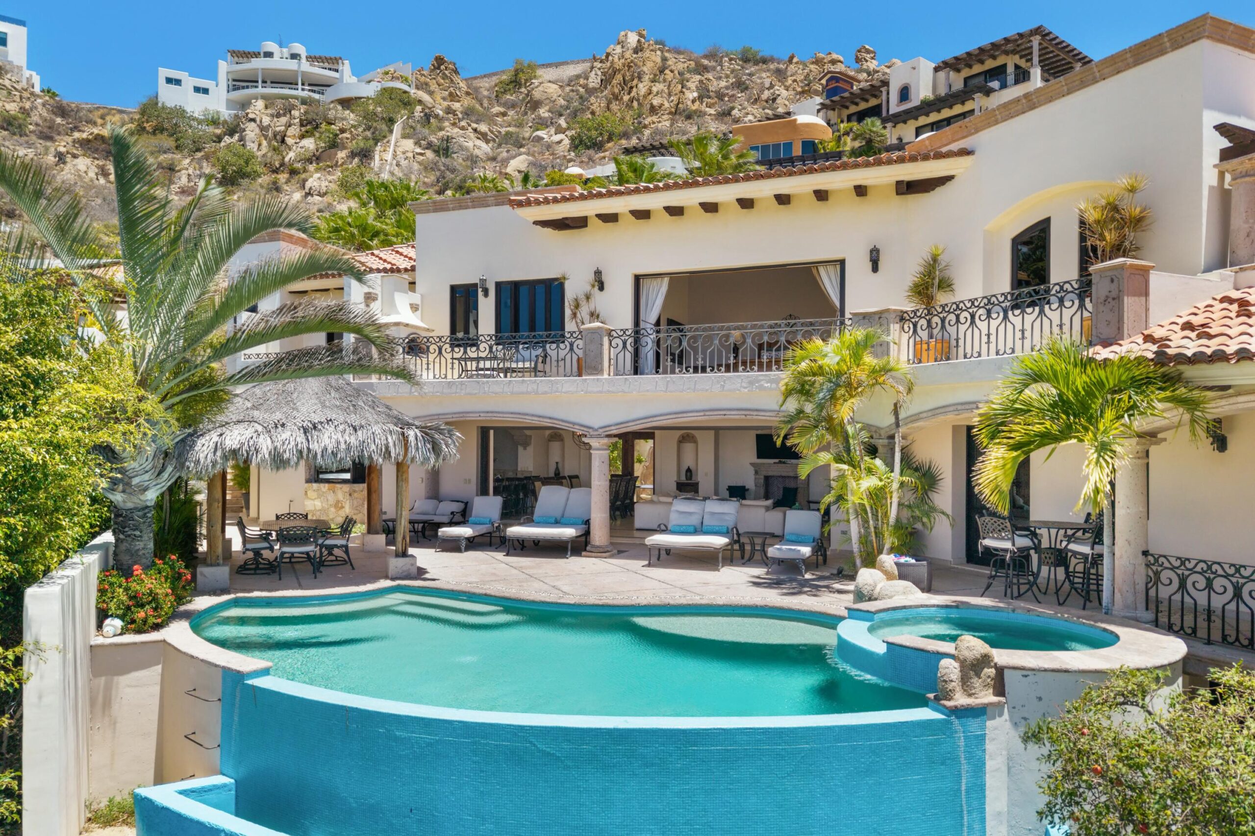 Cabo Luxury Pedregal Csl First time on the market, Villa Antigua is a six-bedroom, seven-bathroom residence located within the prestigious community of Pedregal, offering a rare opportunity to own a timeless property in Cabo's most exclusive neighborhood.Antigua blends classic Mexican architecture with hacienda-style furnishings, creating an atmosphere of inviting and understated luxury. Dramatic architectural details and exceptional craftsmanship are evident throughout, including stone columns, marble floors, and tasteful designer décor in warm earth tones.Its spacious layout includes six generously sized bedrooms, ideal for both private enjoyment and high-end rental use. The upper level bedrooms provide enhanced privacy, beautiful ocean for sale