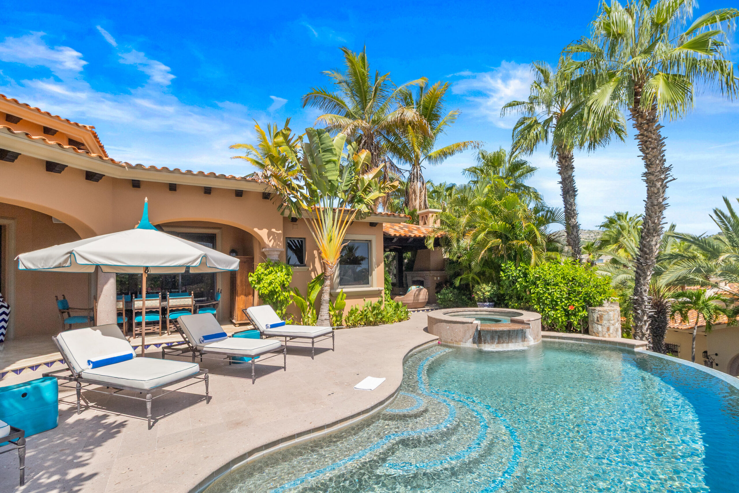 Cabo Luxury Villas Del Mar Discover this single-level Cielos home in the prestigious Villas Del Mar community. The thoughtfully designed great room flows seamlessly into the kitchen, dining area, and expansive terrace, where indoor and outdoor living unite. On the terrace, enjoy a private dining space, infinity-edge pool and spa, and inviting areas for relaxation or entertaining.Offered at the best price in the community, this property is not only a beautiful retreat but also a rare investment opportunity with a strong rental history. Ideally located close to world-class amenities--including a swimmable beach, shops, restaurants, an organic market, and more--it also provides opportunities to join exclusive private clubs such as Club 96, Espiritu, the One&Only Golf Club, and Palmilla Dunes Club. for sale