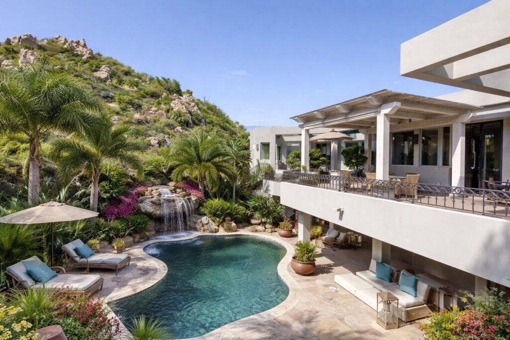 Cabo Luxury Pedregal Csl Tucked into the lush mountains of Pedregal, this residence offers rare privacy, land value, and untapped potential. Its standout feature is the expansive green zone beside the pool--a true rarity in Pedregal, where landscaping and usable outdoor space significantly elevate long-term value. This alone positions the property as a compelling investment. The home includes four bedrooms with lock-out closets, two separate entrances, a chef's kitchen with GE Monogram appliances and an aqua granite island, plus essentials like a generator and storm shutters. Ocean, hillside, and lush garden – Casa Aqua, Cabo San Lucas, BS